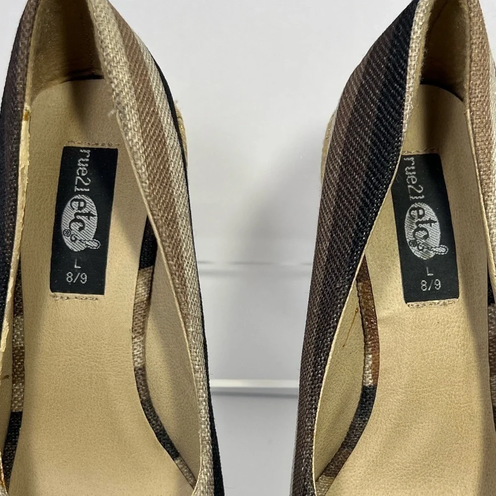 Rue21 ETC Brown Beige Stripe Jute Platform Peep Toe Wedge Womens size 8 9 Large